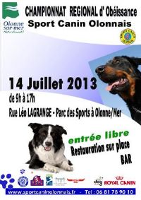 Championnat régional d'Obéissance Canine. Le dimanche 14 juillet 2013 à Olonne sur Mer. Vendee.  09H00